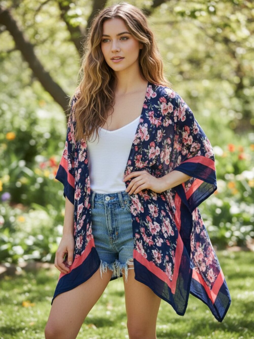 Mario Serrani One Size Kimono Duster Tunic Top Blue Pink Floral SS flowy Boho